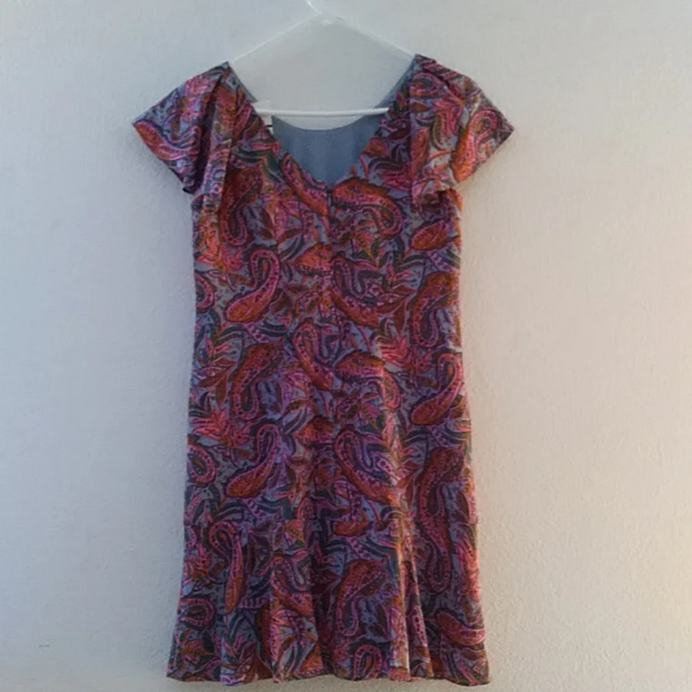 J Crew Purple Pink Paisley Print Silk Flutter Sleeve Dress Sz 00